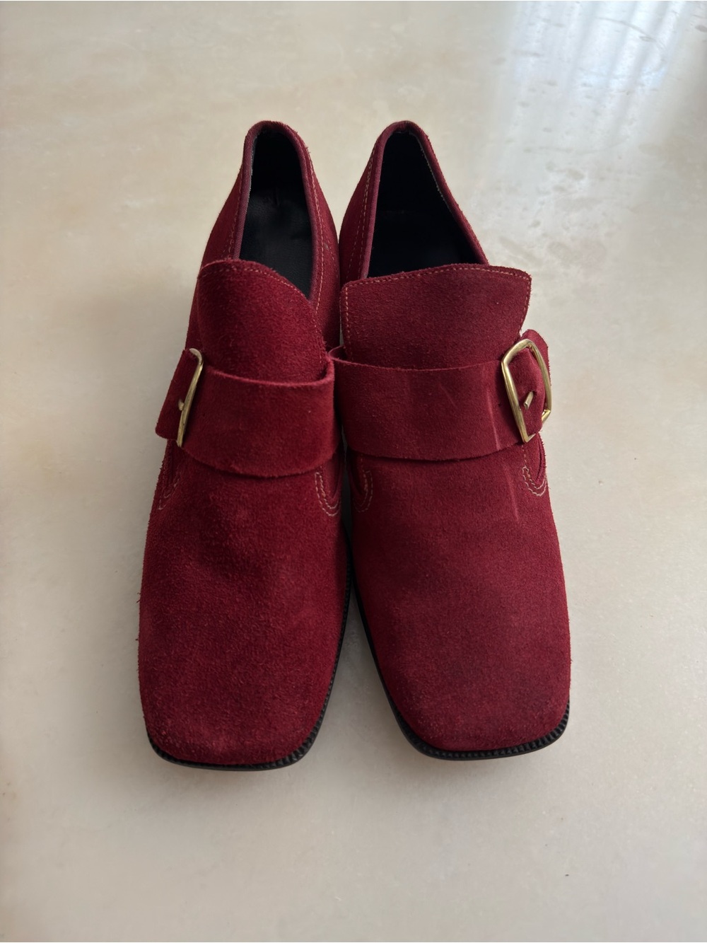 Vintage English Tradition Burgundy Suede Chunky Block Heel Monk Strap Shoes